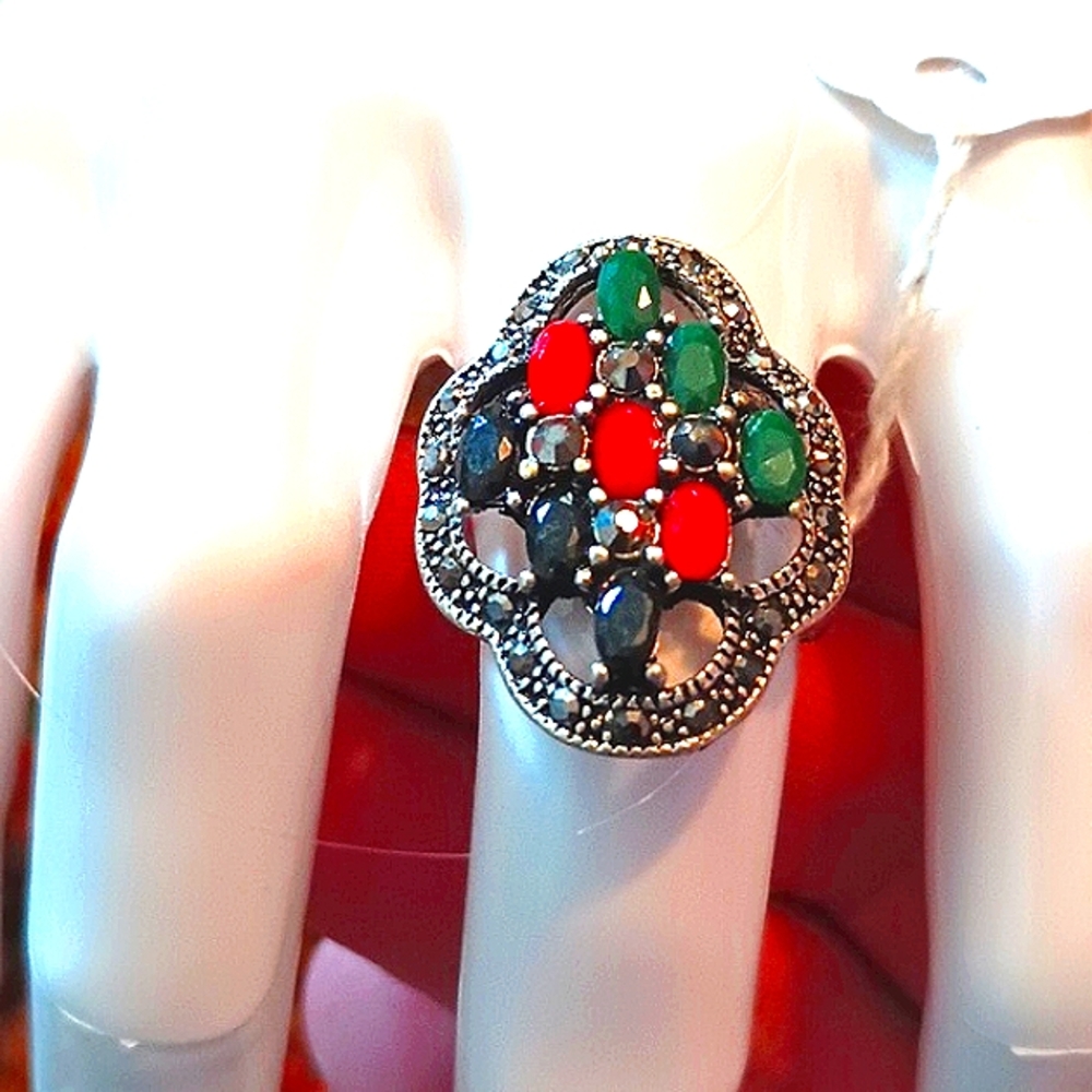 Emerald / Ruby / Onyx / Marcasite Vintage Ring